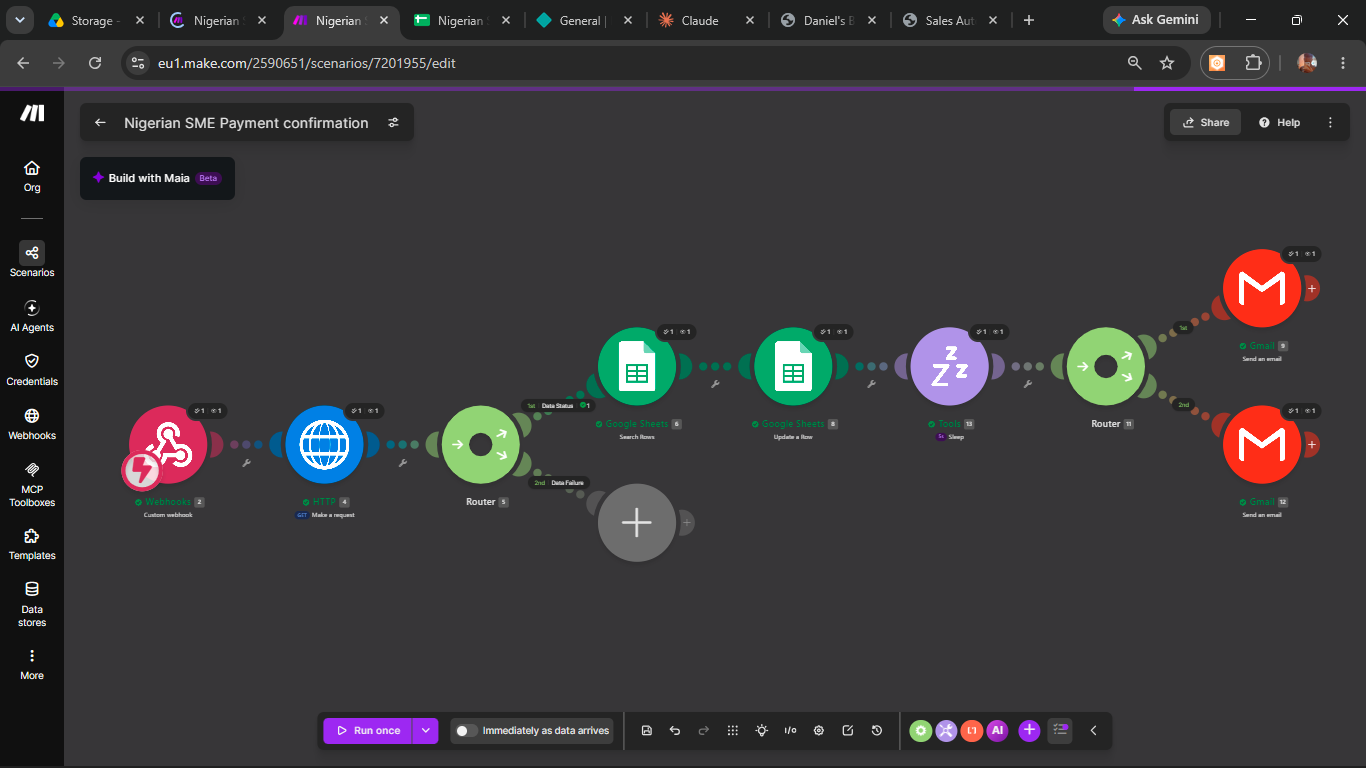Screenshot of the AI-powered Nigerian SME sales and payment automation running in Make.com, showing lead capture, AI qualification, CRM sync, and Paystack payment steps.